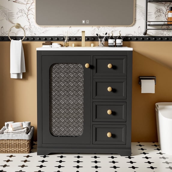 ENSHUI 30-Inch Bathroom Vanity With Soft Close Glass Door, Adjustable Shelves, and 3 Drawers, Black