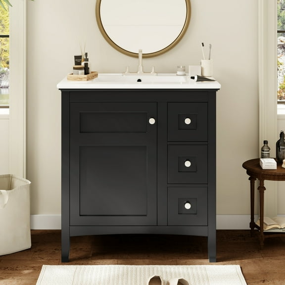 30 Inch Bathroom Vanity With Ceramic Sink - Black Solid Wood 3 Modern Cupboard 30" Cabinet For Small Bathrooms