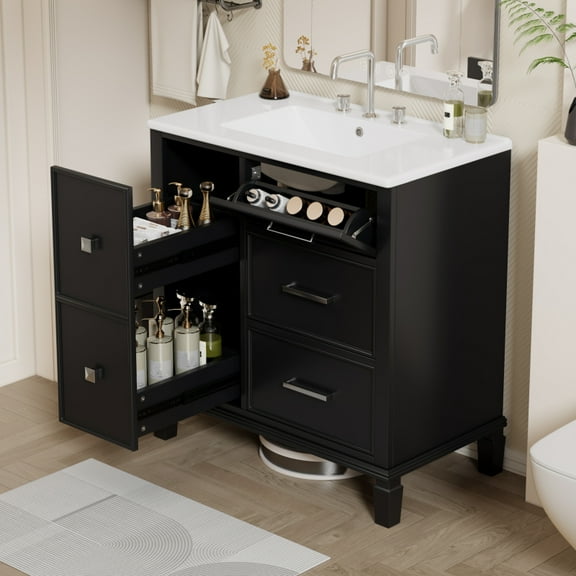 30 Inch Bathroom Vanity with Ceramic Sink, Flip-Out Drawer Design for Plumbing, Black Painted MDF Cabinet with Solid Wood Legs   WL RR