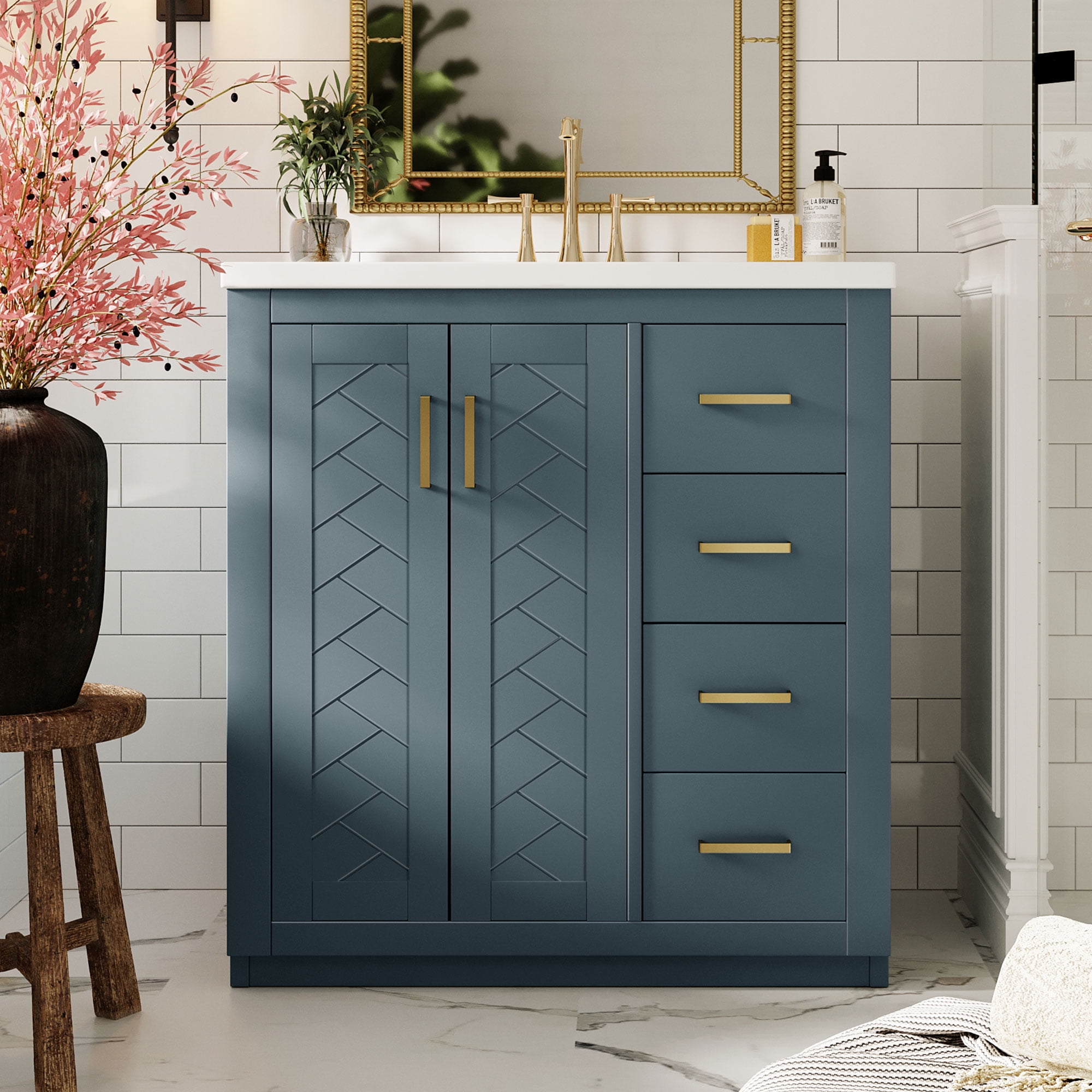 30 Inch Bathroom Vanity with Ceramic Sink Solid Wood Storage Cabinet 3 Drawers Soft Closing Doors Blue
