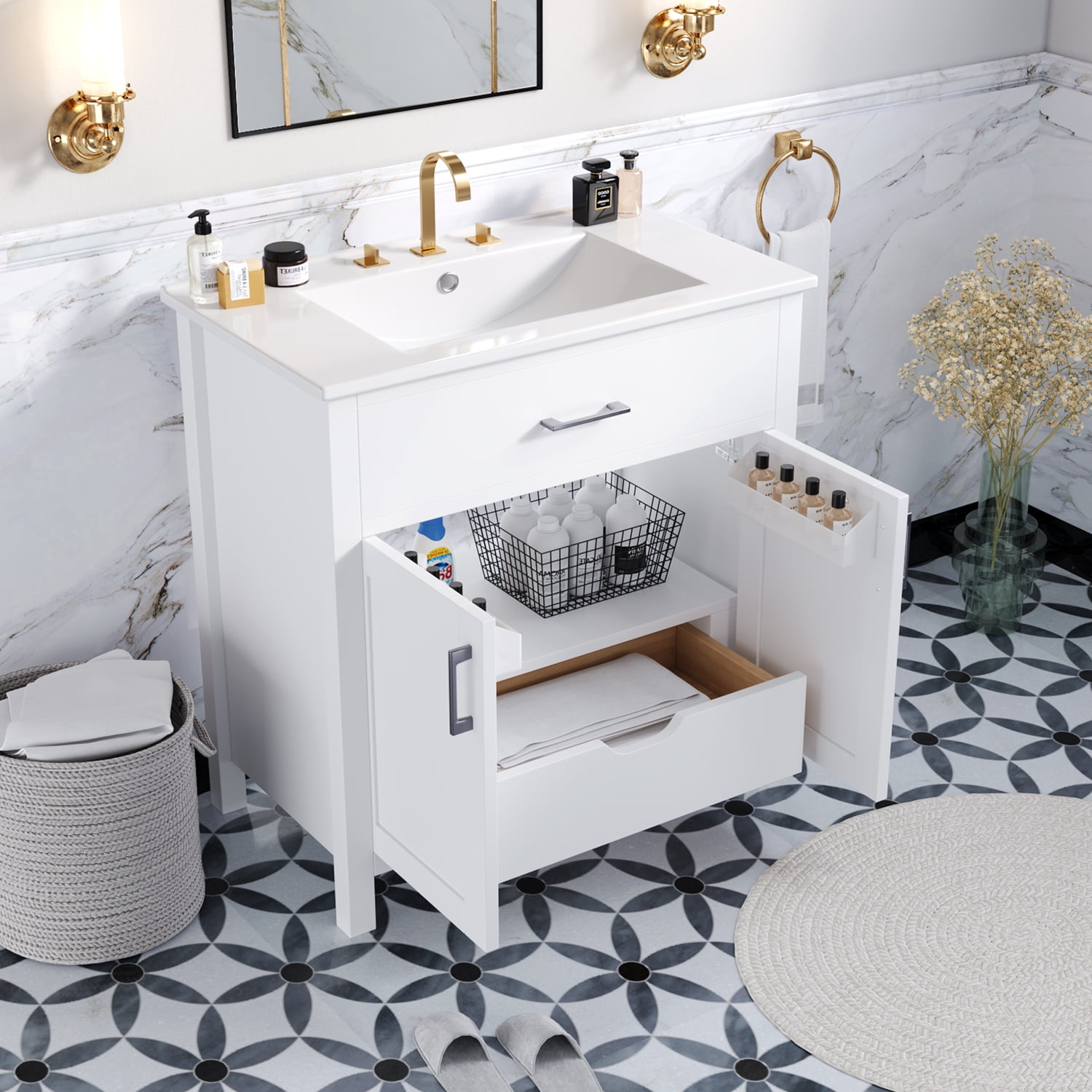 30-Inch Bathroom Vanity with Ceramic Sink and Ample Storage, White ...