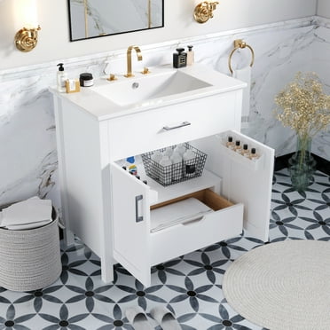 30-Inch Bathroom Vanity with Ceramic Sink and Ample Storage, White