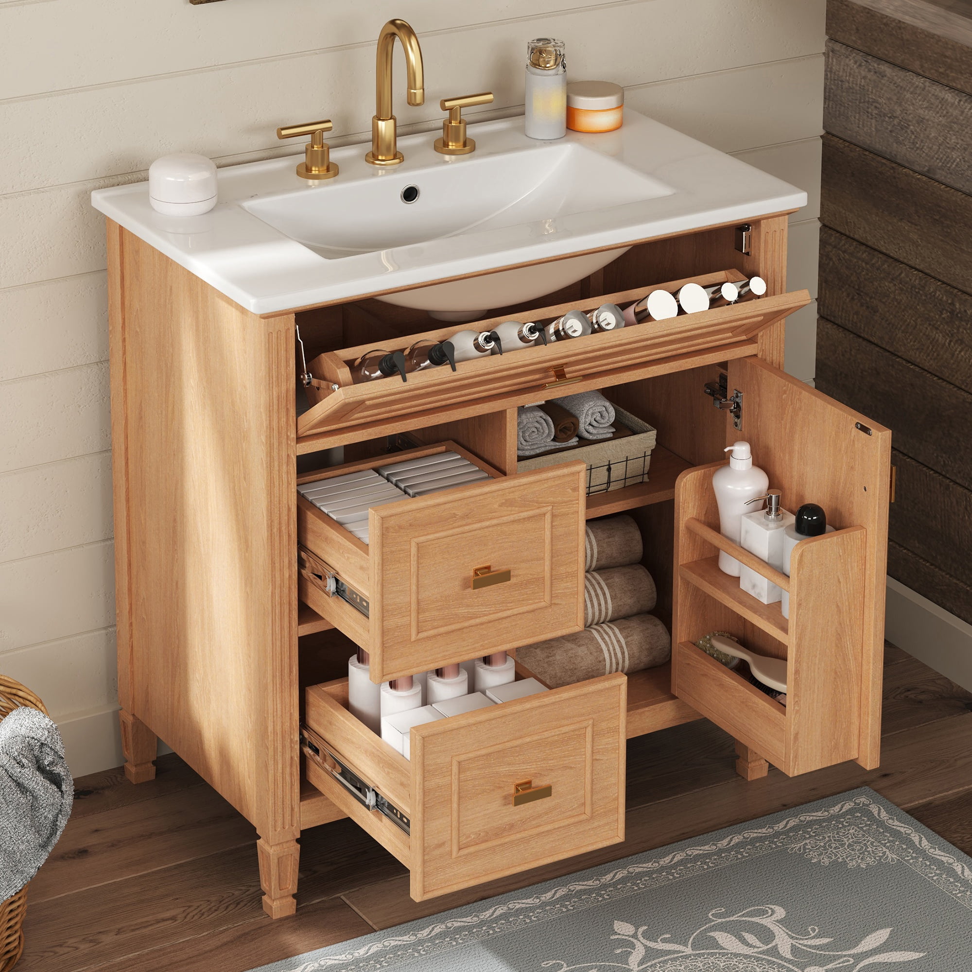 30-Inch Bathroom Vanity with Ceramic Sink and Flip Drawer, Solid Wood Cabinet with Adjustable Shelf for Bathroom, Natural