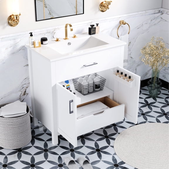 30-Inch Bathroom Vanity with Overflow Hole | Ample Storage for Towels & Clothes | Solid Wood Legs & MDF Cabinet | Fits Small Bathroom Layouts