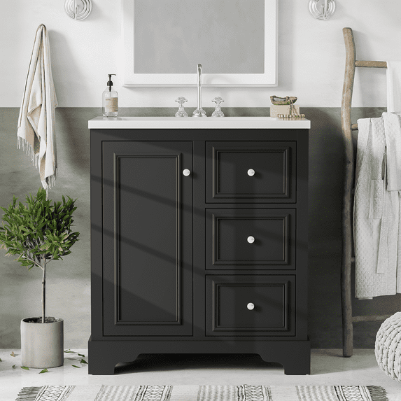 30 Inch Bathroom Vanity with Sink, Single Sink Bathroom Vanity with 3 Drawer and Adjustable Shelves, Bathroom Cabinet with Sink for Bethroom