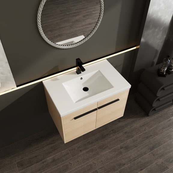 30 Inch Bathroom Vanity with resin Countertop Sink, 2 Doors Bathroom Cabinet Set, Oak