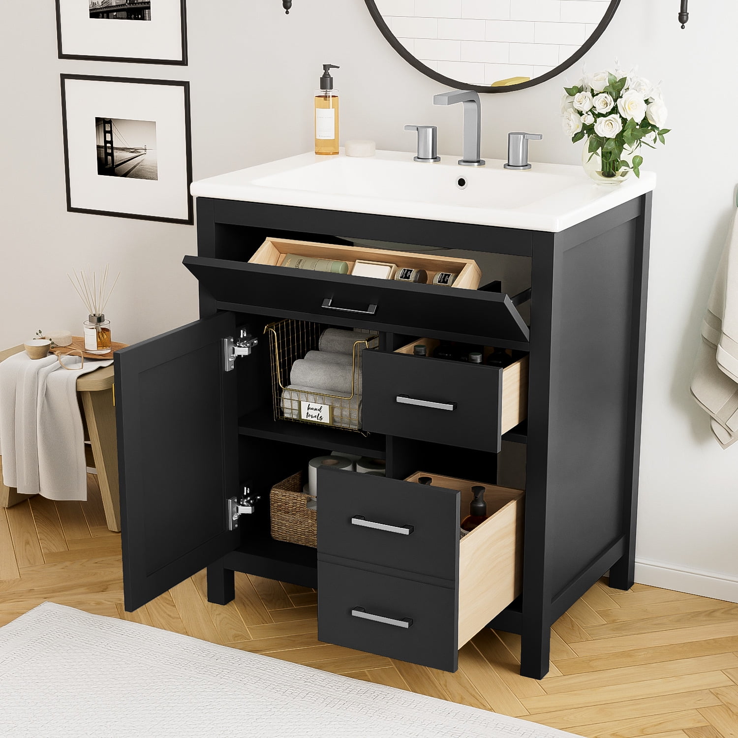 30 Inch Black Bathroom Vanity With Ceramic Sink And Large Storage Ideal ...