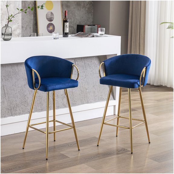 30 Inch Blue Fabric Bar Stools Set of 2 with Golden Legs and Chrome Footrest, Swivel Counter Stools for Kitchen, Bar, or Home Decor