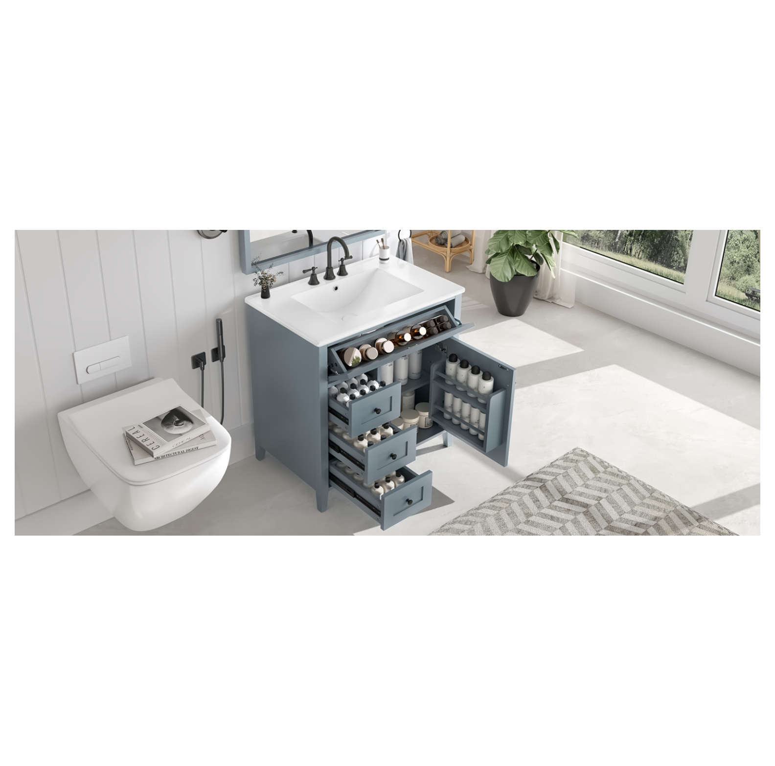 30-Inch Blue Gray Bathroom Vanity with Sink, Modern MDF and Rubberwood ...
