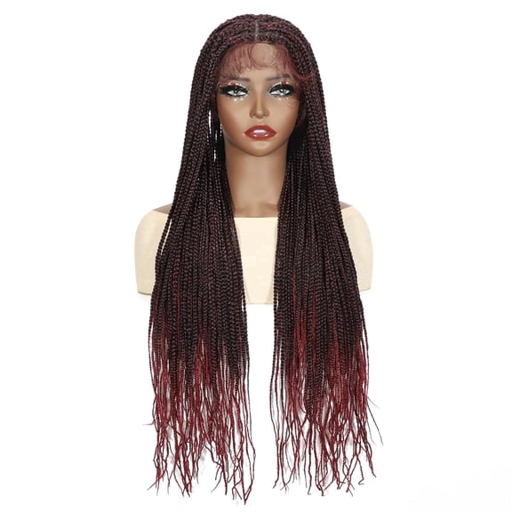 More Beautiful 30 Inch Ombre Burgundy Synthetic Knotless Box Braid Glueless Full Double Lace Wig with Baby Hair for Black Women