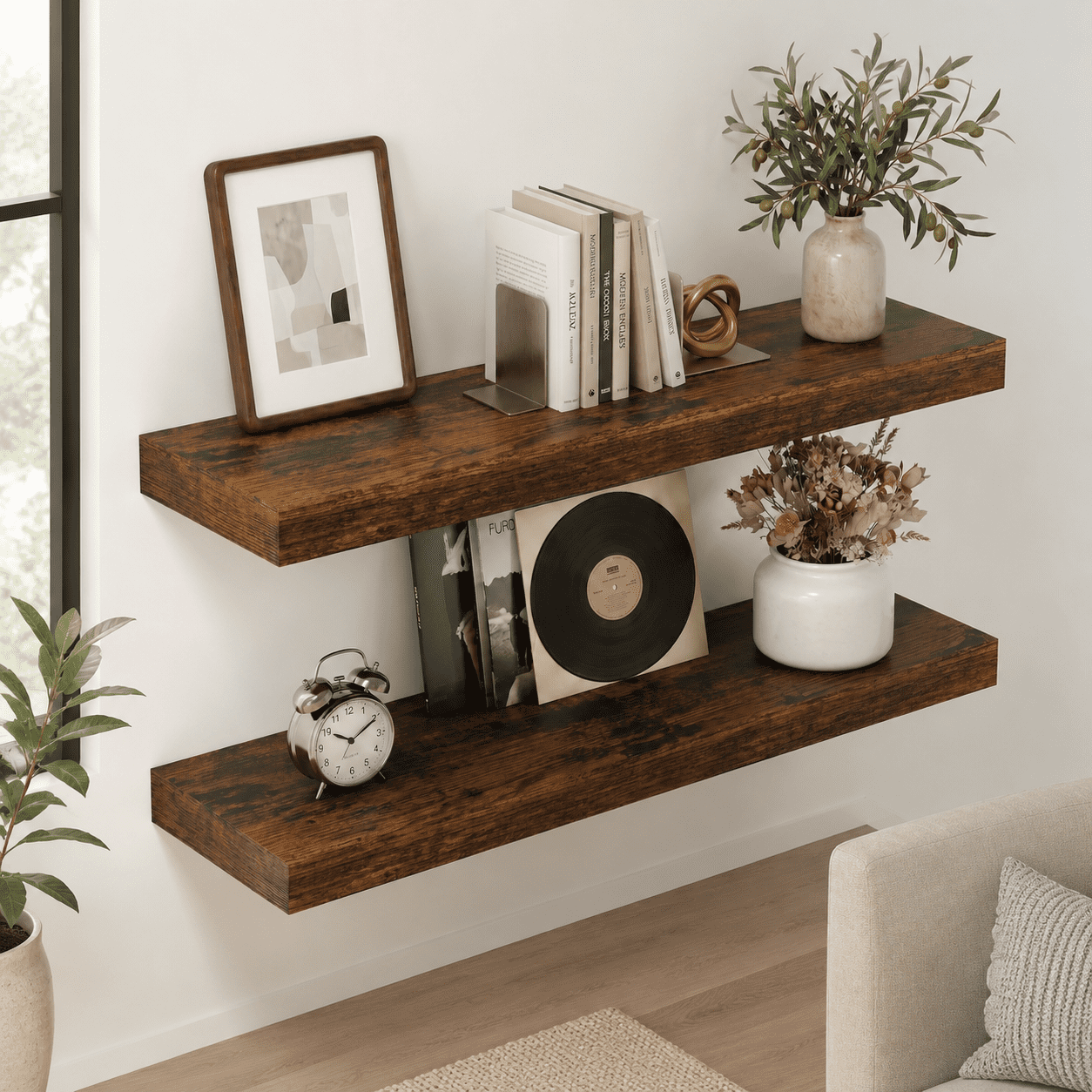 30 Inch Brown Floating Wall Shelves 2-Piece Set for Storage and Display ...