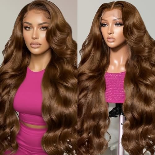 30 Inch Brown Wave Human Hair Wig Pre Plucked 13x6 Transparent Lace Frontal Wigs Human Hair 200% Density Glueless Brown Wave Lace Frontal Wigs for Women