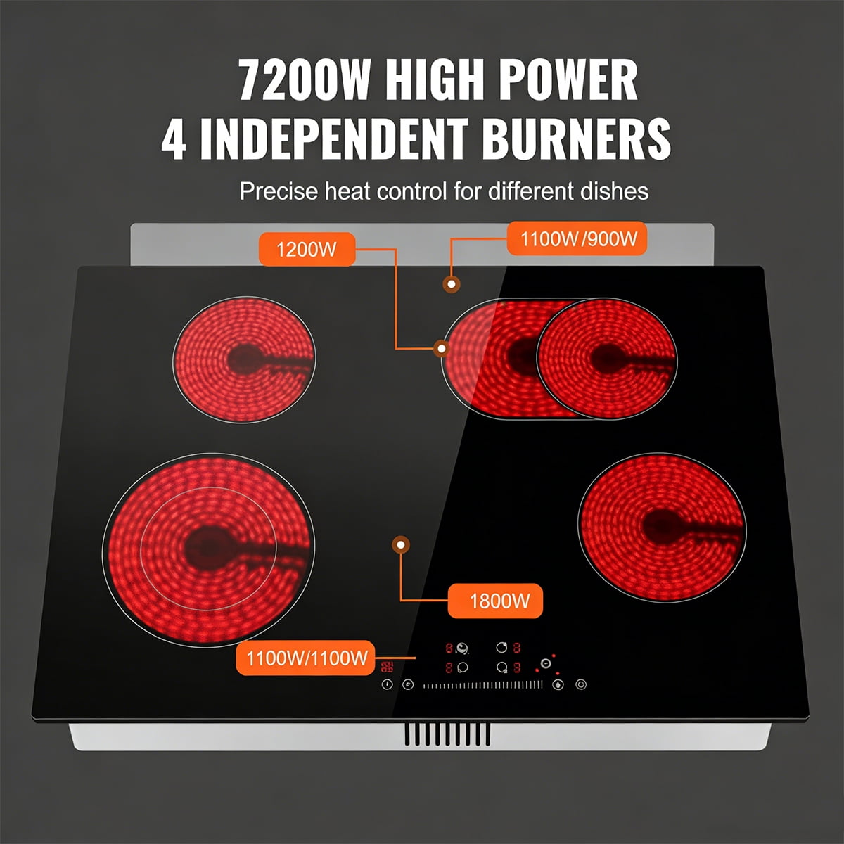 30 Inch Built-In Electric Cooktop, 4 Burner Ceramic Glass Cooktop with Knob Control - 7200W, 11 Heat Levels, 240V Hardwired Installation (No Plug)