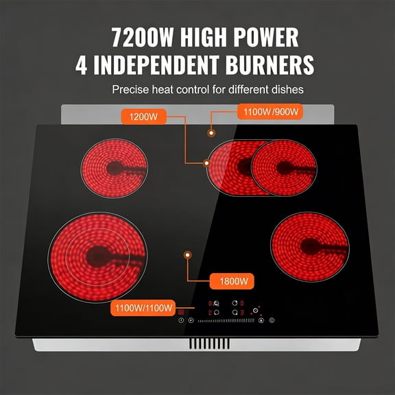 30 Inch Built-In Electric Cooktop, 4 Burner Ceramic Glass Cooktop with Knob Control - 7200W, 11 Heat Levels, 240V Hardwired Installation (No Plug)