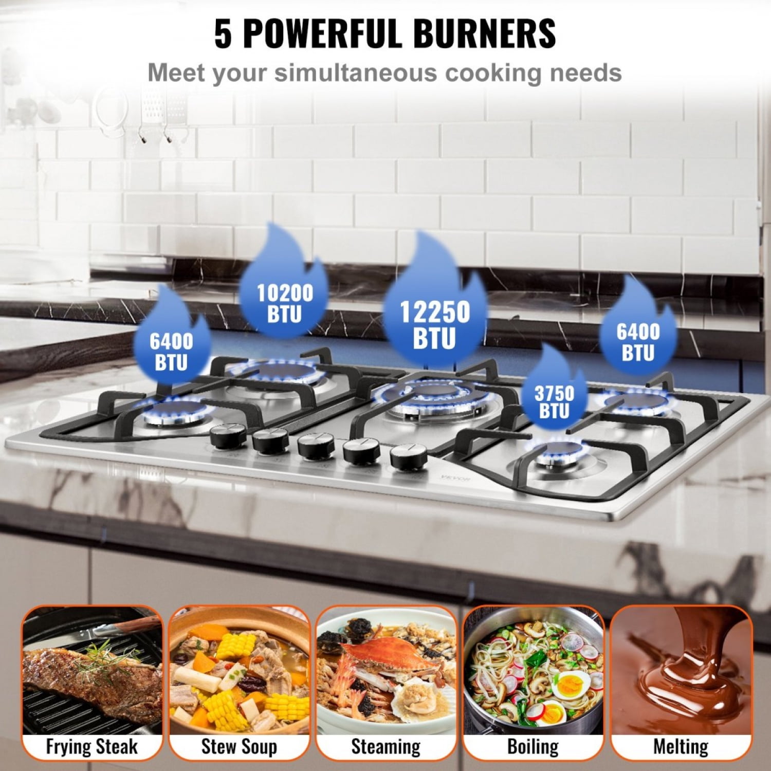 30 Inch Built-in Gas Cooktop 5 Burners Max 12250BTU Stainless Steel LPG/NG Convertible Hob with Thermocouple Protection