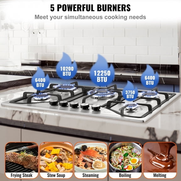 30 Inch Built-in Gas Cooktop 5 Burners Max 12250BTU Stainless Steel LPG/NG Convertible Hob with Thermocouple Protection