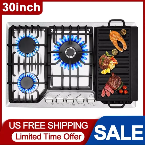 30 Inch Bulit-In Gas Cooktop with Griddle, 5 Italy SABAF Powerful Burners Over 92% High Efficiency, Max 48300BTU Gas Stove Top, 304 Stainless Steel Panel, NG/LPG Convertible, CSA Certified