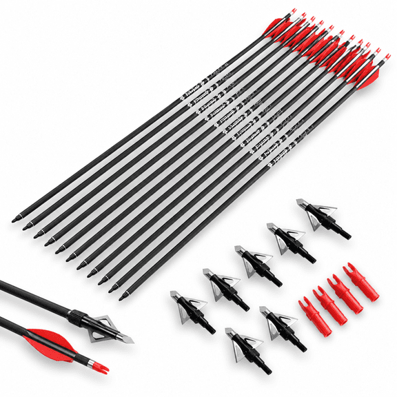 30 Inch Carbon Archery Arrows Red White&Broadheads For 35-60lbs Recurve Compound Bow