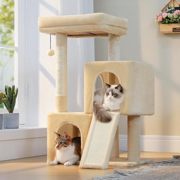 30 Inch Cat Tower with Dual Condos, Plush Cat House with Padded Perch, Scratching Ramp and Posts and Replaceable Balls-Gray