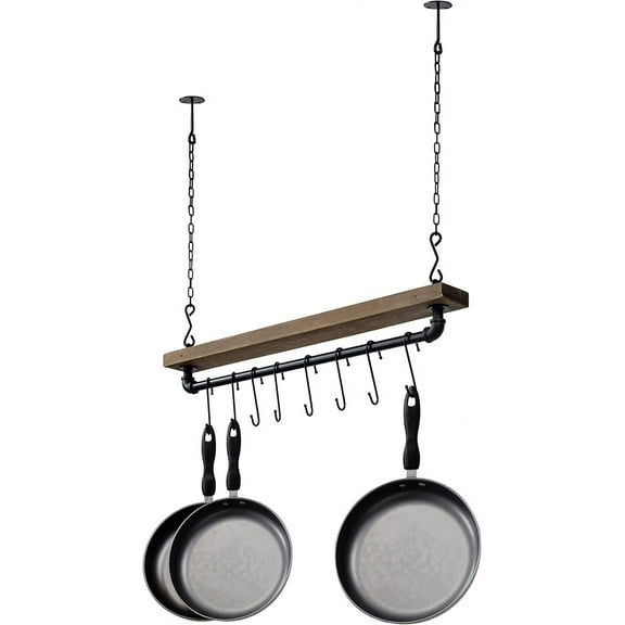 30 Inch Ceiling or Wall Mounted Pot Rack with Rustic Brown Solid Wood Shelf and Industrial Matte Black Metal Pipe, Hanging Cookware Utensils Organizer with 8 S-Hooks