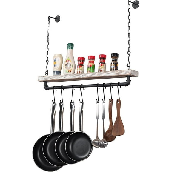 30 Inch Ceiling or Wall Mounted Pot Rack with Rustic Brown Solid Wood Shelf and Industrial Matte Black Metal Pipe, Hanging Cookware Utensils Organizer with 8 S-Hooks