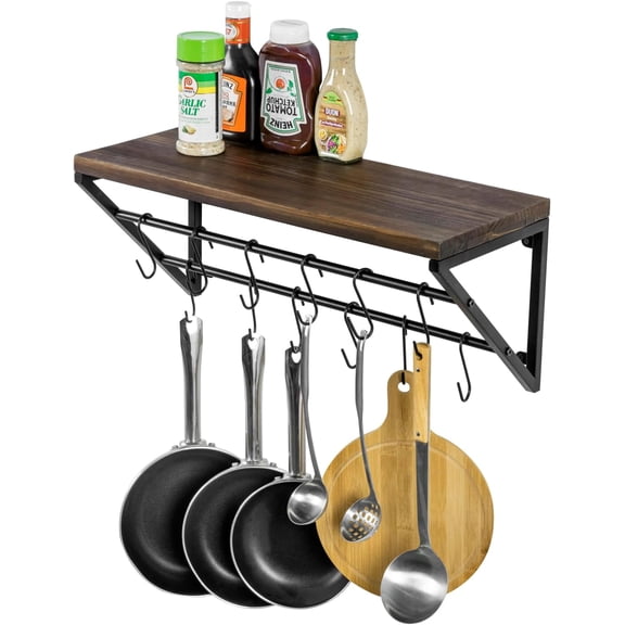30 Inch Ceiling or Wall Mounted Pot Rack with Rustic Brown Solid Wood Shelf and Industrial Matte Black Metal Pipe, Hanging Cookware Utensils Organizer with 8 S-Hooks