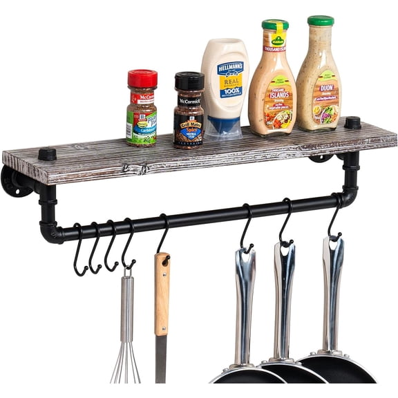 30 Inch Ceiling or Wall Mounted Pot Rack with Shabby White Washed Wood Shelf and Matte Black Metal Pipe, Hanging Cookware Utensils Organizer with 8 S-Hooks