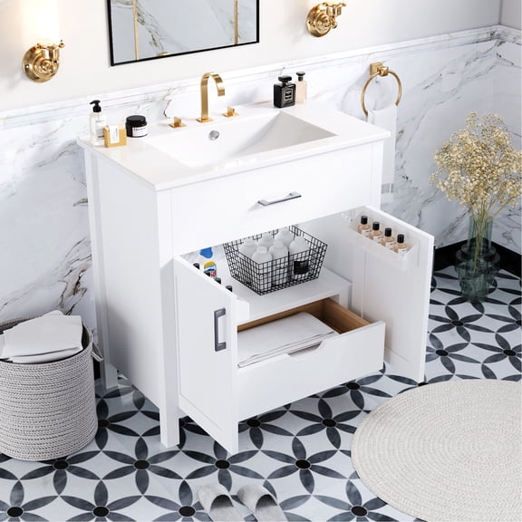 30-Inch - Ceramic Sink & Pre-drilled Faucet Holes - Small Bathroom - Quick Faucet Installation