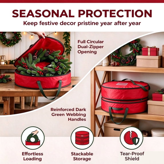 30 Inch Christmas Wreath Storage Bag, Dust-Proof Water-Proof Round Holiday Decor Organizer with Clear Label Window & Handle for Wreaths, Garlands and Ornaments