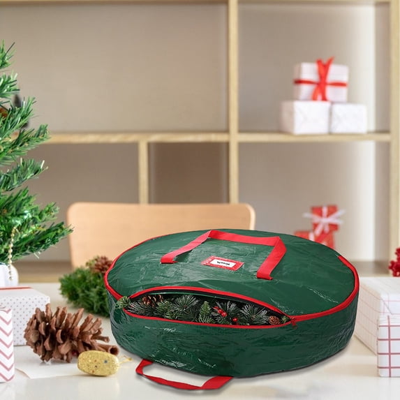 30 Inch Christmas Wreath Storage Container - Heavy Duty Wreath Storage Bag With Handles Red Thickened Nonwoven Fabric Ideal For Household Organization Halloween Holiday Ornament Storage