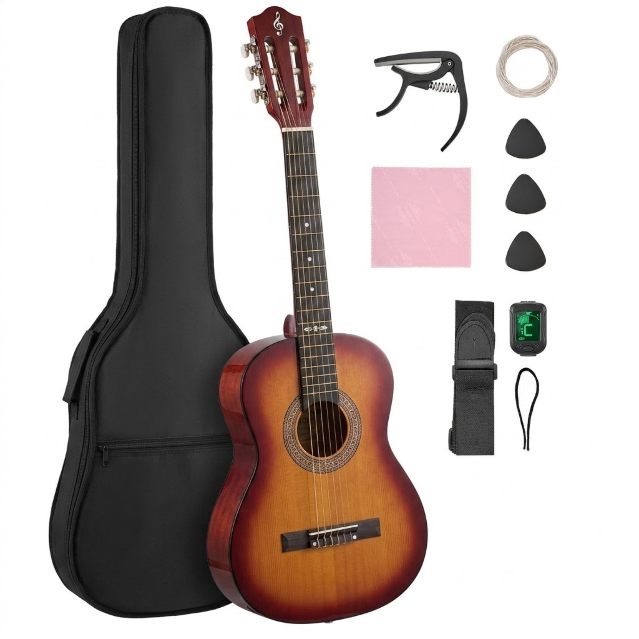 30-Inch Classical Guitar Beginner Starter Kit for Kids, Basswood Wood Guitar with Nylon Strings, Gig Bag & Tuner, Sunburst