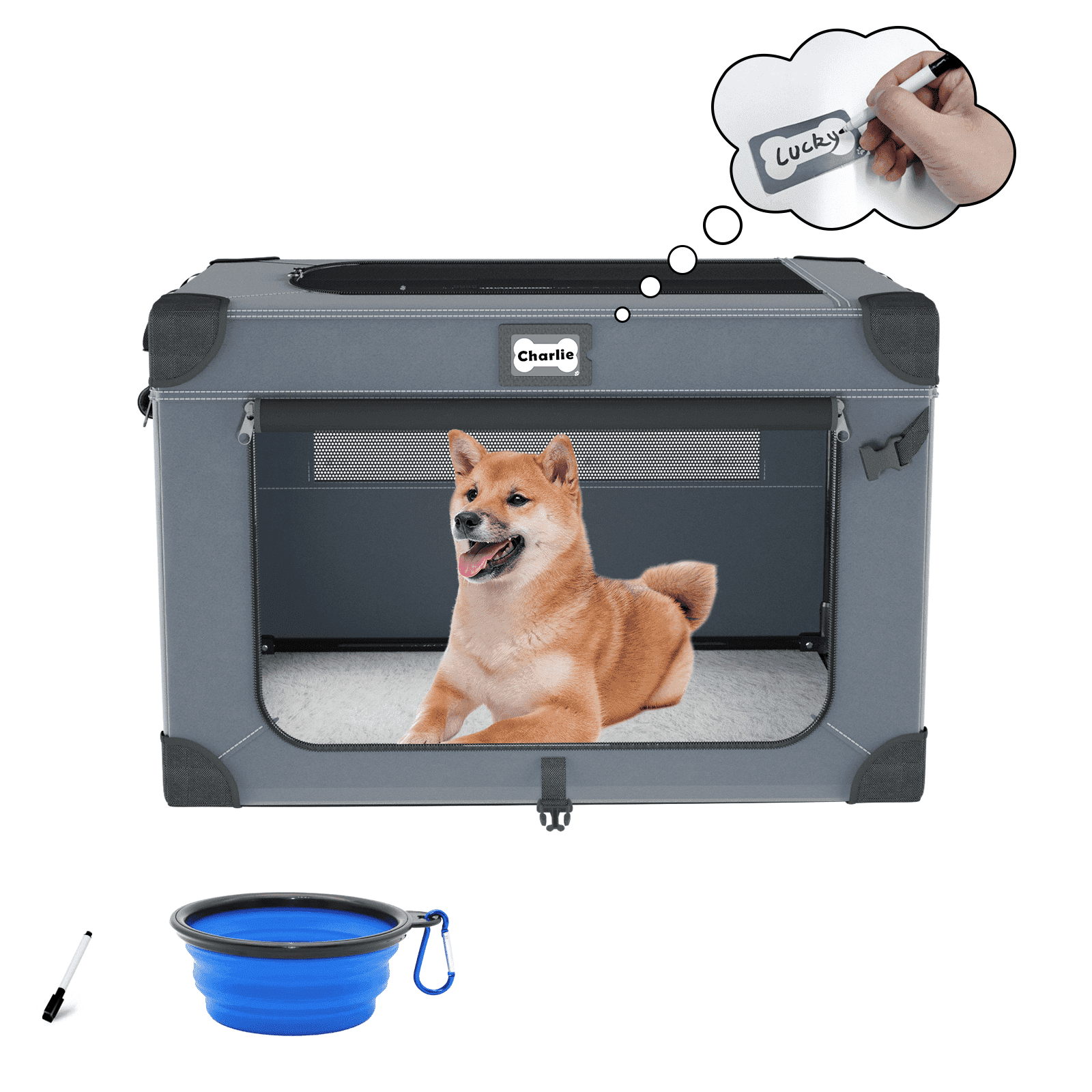 30 Inch Collapsible Dog Crate for Medium Large Dogs, 3-Door Foldable Soft Kennel with Fleece Bed and a Folding Bowl, Suitable for Indoor & Outdoor Portable Pet Kennel