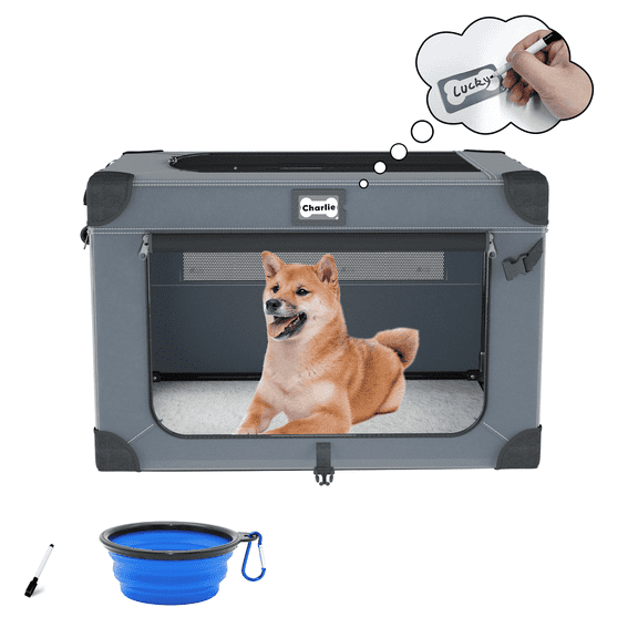 30 Inch Collapsible Dog Crate for Medium Large Dogs, 3-Door Foldable Soft Kennel with Fleece Bed and a Folding Bowl, Suitable for Indoor & Outdoor Portable Pet Kennel