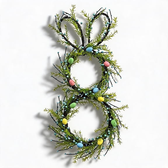 30 Inch Colorful Egg Greenery Rabbit Wreath, Collapsible Design Indoor Outdoor Wall Decoration