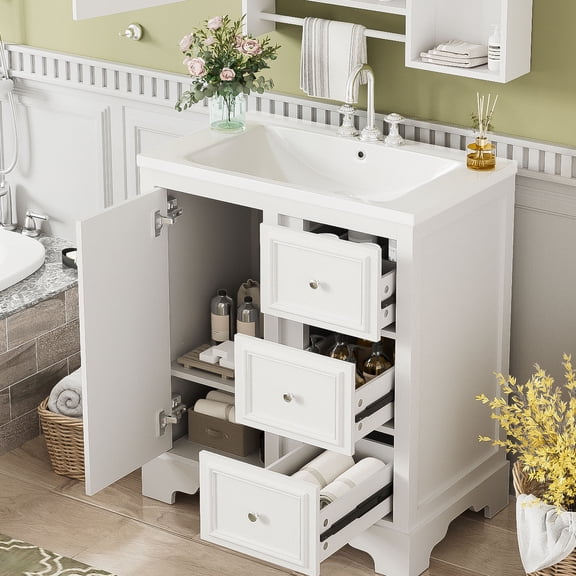 30-Inch Compact Bathroom Vanity with Ceramic Basin and Adjustable Shelves for Small Bathrooms Saves Space