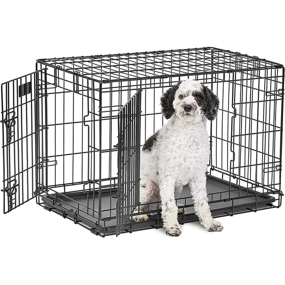 30-Inch Crate for Medium Breeds, 21-40 lbs, Double Door Folding Dog Crate with Divider Panel, Leak-Proof Tray & Secure Latch, Heavy-Duty & Easy to Assemble