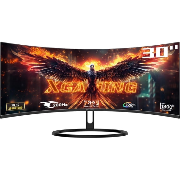 30 Inch Curved Gaming Monitor Ultra Wide,200Hz WFHD,1800R,2560x1080p,1ms,100% sRGB,FreeSync,HDMI DP Display,Dual Speakers,VESA,PC Screen with Rainbow Lights