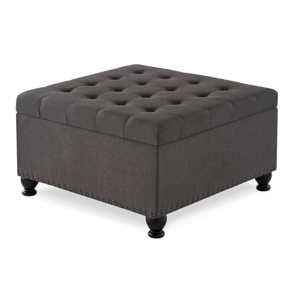 30 Inch Dark Gray Linen Square Storage Ottoman with Espresso Rubberwood Legs, Button Tuft Nailhead Trim Coffee Table Footrest, Solid Wood Frame Max 300 Lbs Multi-Functional Storage Bench, 5-Minute Ea