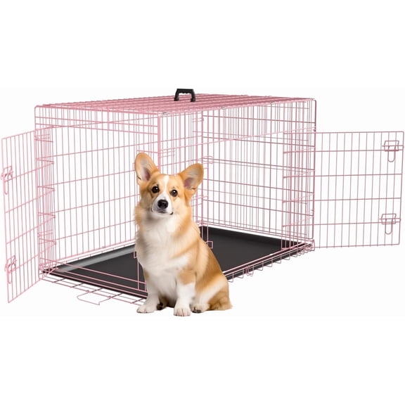 Pink 30-inch Folding Metal Dog Crate with Double Doors, Removable Tray and Adjustable Divider for Medium Dogs