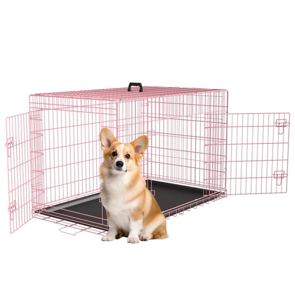 30 Inch Dog Crate Kennel Cage With Double Door Folding Metal Wire Removable Tray&divider Panel Pet For Medium Dogs Pink