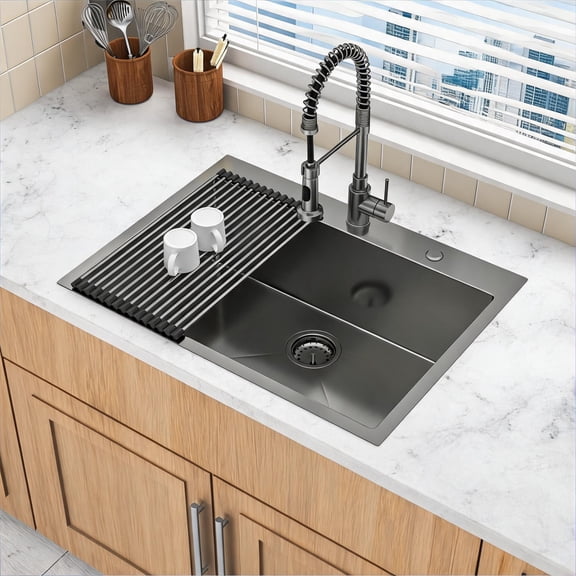 30 Inch Drop-In Single Bowl Kitchen Sink, 16 Gauge T304 Stainless Steel Classic Black for Daily Kitchen Use