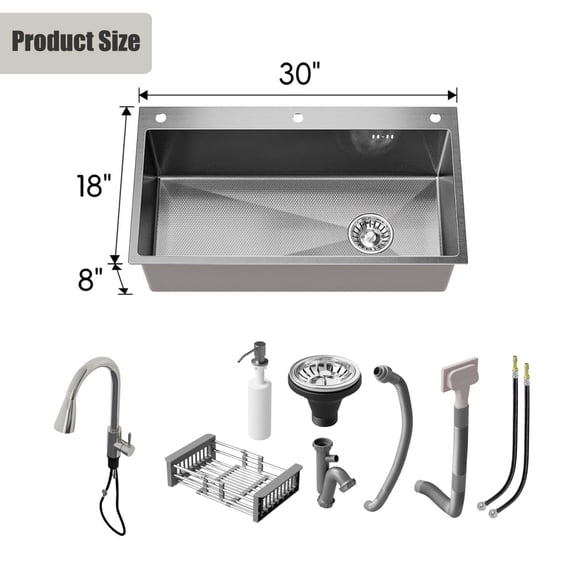 30 Inch Drop In SUS304 Stainless Steel Workstation Kitchen Sink, Single Bowl with Pull Down Faucet, Dish Rack & Full Drain Kit, R10 Corner Fast Drain Design