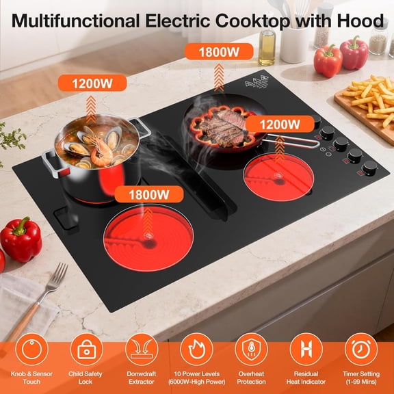 30 Inch Electric Cooktop with Ductless Downdraft - 4 Burner Built-in Stove 7400W, 30" Electric Stove Downdraft Range Hood 135W, Timer, Safety Lock, 220V Hard Wired, Recirculating Air Vent