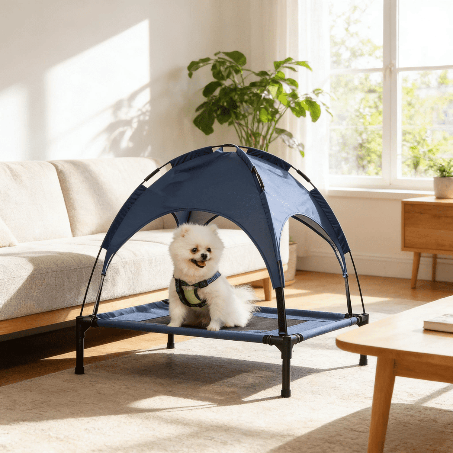 30 Inch Elevated Dog Bed with Canopy, Breathable Mesh Portable Dog Cot, 7" Elevated Airflow Foldable Pet Bed with Travel Bag for Medium Dogs Up to 44 lbs