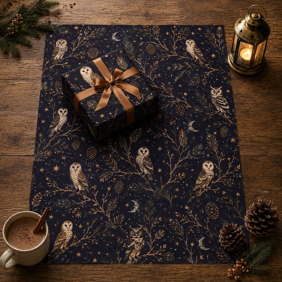 30-Inch Extra Wide Wrapping Paper, Christmas Owl Forest with Crescent Moons and Stars for Holiday Gifts