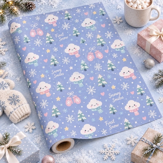 30-Inch Extra Wide Wrapping Paper, Kawaii First Snow Pastel Winter Gift ...