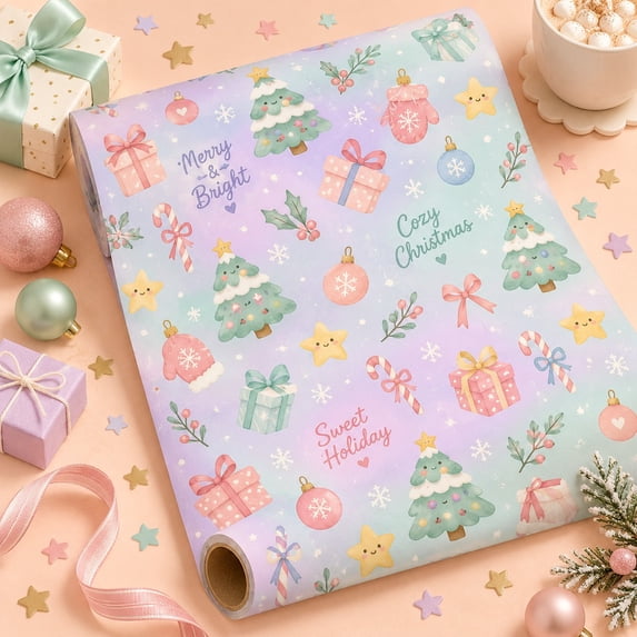 30-Inch Extra Wide Wrapping Paper, Pastel Christmas Icons for Festive ...