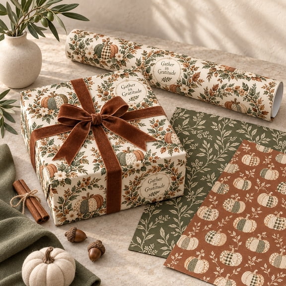 30-Inch Extra-Wide Wrapping Paper, Patchwork Pumpkin Wreath Botanical Watercolor for Thanksgiving Gifts