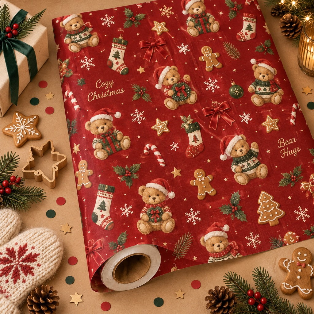 30-Inch Extra Wide Wrapping Paper, Teddy Bear Christmas Pattern for ...