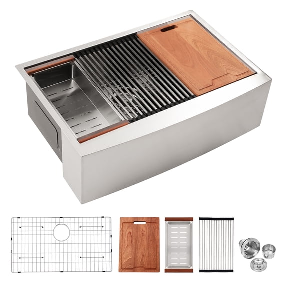 30 Inch Farmhouse Sink Workstation, Stainless Steel Kitchen Sink 16 gauge Apron Front Kitchen Sink, Kitchen Sink with Wood Cutting Board, Roll-up Rack, Bottom Rinse Grid and Colander